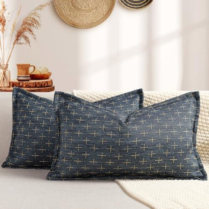 ZWJD 12x20 Pillow Covers Set of 2 Soft Polyester Textured Pillow Covers with Stylish Flange Edge Cozy Farmhouse Throw Pillows for Couch Bed Sofa Living Room - color: Navy Blue, size: 20" x 12" (Pack of 2)