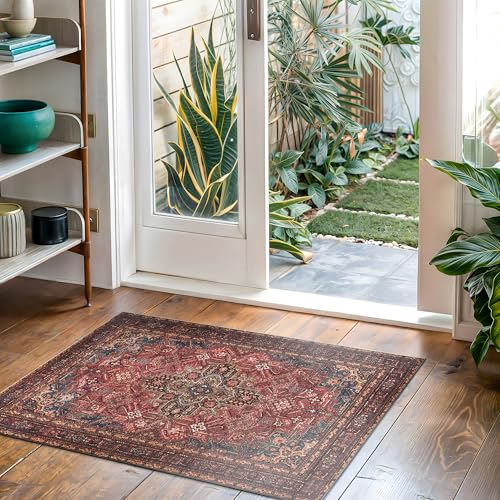 Bloom Rugs Washable Non-Slip 2' x 3' Rug - Red/Teal Blue/Yellow Traditional Medallion Area Rug for Living Room, Bedroom, Dining Room, and Kitchen - Exact Size: 2' x 3' - color: Red/Teal Blue/Yellow, size: 2' x 3' (Rectangular)