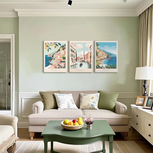 XLARTMY Italy Amalfi Coast Travel Posters Wall Art Framed Canvas Decor City Landscape Blue Venice Coast Painting Beach Modern Artwork for Living Room Bedroom Bathroom Office Set of 3 12x16in - color: Travel Coast, size: 12x16in Canvas