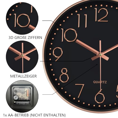 Silent Wall Clocks Battery Operated 8 Inch, Analog Wall Clock with Oversized Number Tempered Glass Clock Face, Non Ticking Wall Clocks for Living Room Bedroom Kitchen Office, Black Rose Gold - color: Black Rose Gold, size: 8 Inch