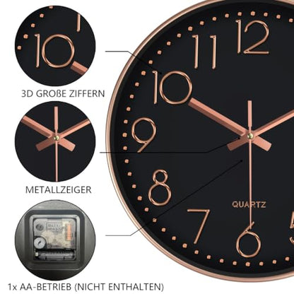 Silent Wall Clocks Battery Operated 8 Inch, Analog Wall Clock with Oversized Number Tempered Glass Clock Face, Non Ticking Wall Clocks for Living Room Bedroom Kitchen Office, Black Rose Gold - color: Black Rose Gold, size: 8 Inch