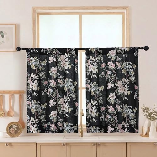 Aiyufeng Floral Kitchen Tiers Curtains 36 Inches Long, Breathable Soft Flower Patterned Rod Pocket Light Filtering for Bedroom Living Room Farmhouse Small Window Treatments, Each 30x36 Inch, Black - color: Black, size: 30"W x 36"L (Pack of 2)