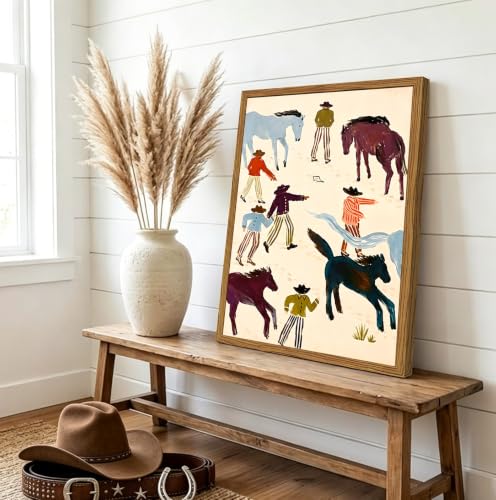 Framed Western Cowboy Wall Art, Abstract Southwestern Horse Pictures Wall Decor, Mid Century Modern Paintings Canvas Prints Farmhouse Home Decor for Living Room Bedroom Office 12x16 inch - color: Cowboy Horse, size: 16"L x 12"W