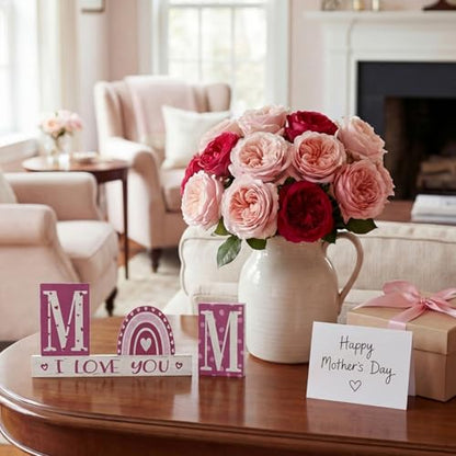 Smile 4 Pcs Wooden Decor Mother's day Indoor Decorations, Mom I Love You Heart - Shaped, Pink Table Centerpieces for Home Kitchen - style: Mom