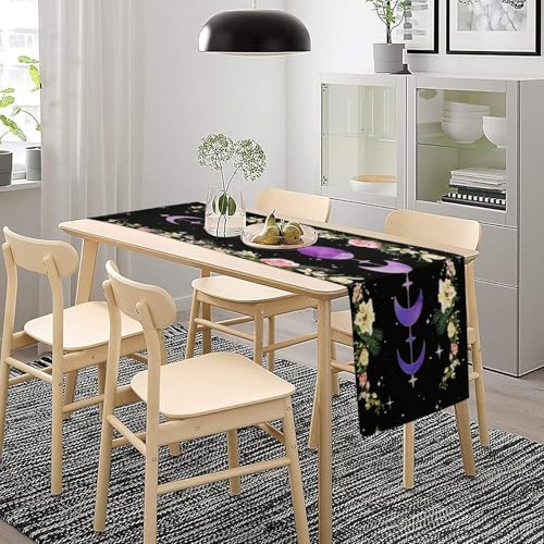 Moonflower Table Runner,Dreamy Starry Night Bohemian Flower Botanical Purple Moon Phase Stars Tabletop Restaurant Dining Kitchen Wedding Party 13x36 Inch - color: Moon Style-20, size: W13X L36
