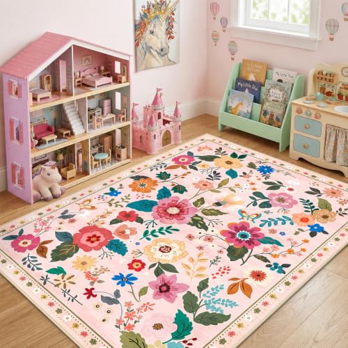 RELEANY Floral Washable 4x6 Area Rugs Pink - color: Pink, size: 4' x 6' (Rectangular)