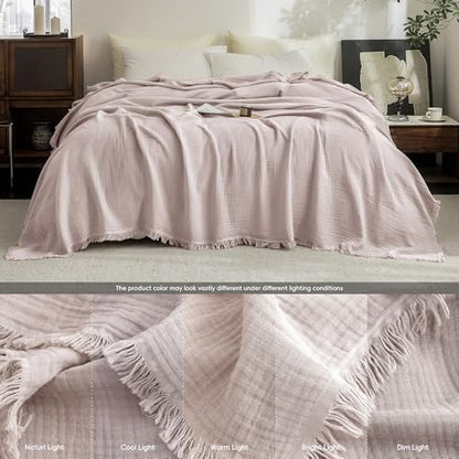 FOSSA Muslin Blanket 4-Layer 100% Cotton Gauze Blanket with Fringe 50"x70" - color: Greyish Pink, size: Throw XL (50" × 70")
