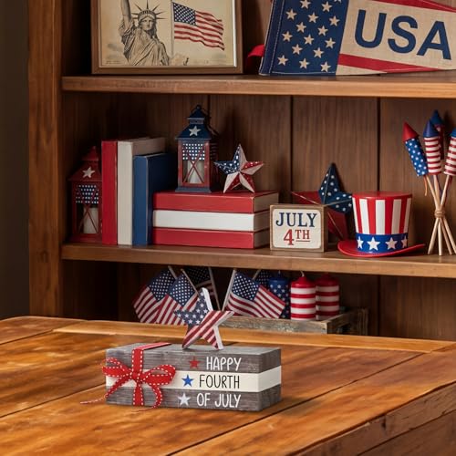 Smile Happy 4th of July Wooden Block Stack with Patriotic Star Decor, Tiered Tray Tabletop Sign for Independence Day Decorations - style: Star