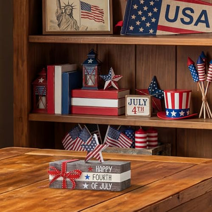 Smile Happy 4th of July Wooden Block Stack with Patriotic Star Decor, Tiered Tray Tabletop Sign for Independence Day Decorations - style: Star