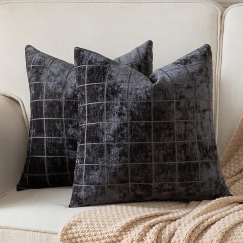 Set of 2 Chenille Check Throw Pillow Covers Decorative Vintage Plaid Pillowcase Neutral Boho Couch Pillows Farmhouse Cushion Covers for Sofa Couch Living Room 40x40 Inch,Black - color: Black, size: 16" x 16" (Pack of 2)
