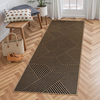 Lahome Modern Geometric Runner Rug, 2x6 Washable Rug Runners for Hallway - color: Black/Nature Geometric-2, size: 2' x 6' (Runner)