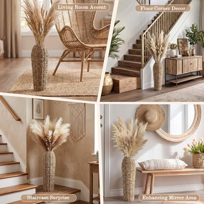 Ninehaou 16.5" Tall Rattan Floor Vase for Dried Flowers Boho Home Decor