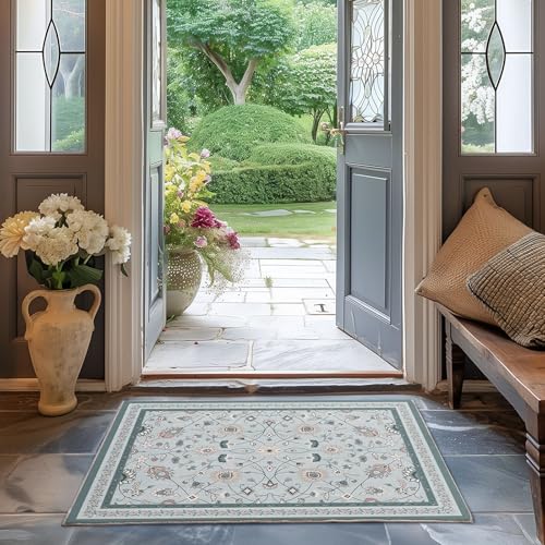 EverGrace Area Rugs for Entryway 2x3, Boho Floral Faux Wool Indoor Outdoor Small Rugs, Washable Rugs for Bedroom Bathroom Laundry Doormat, Low Pile Floor Mat Carpet for Home Decor, Pale Blue - color: Pale Blue Multi, size: 2'x3'