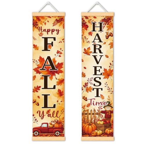 Happy Fall Harvest Door Banner Set of 2, Pumpkin Truck Porch Decor for Home - color: Color 12