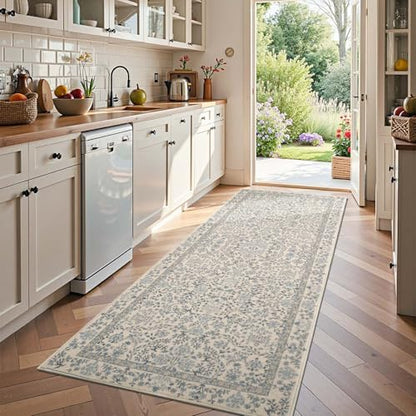jinchan 3x8 Washable Hallway Runner Rug, Floral Non-Slip, Blue/Cream - color: Blue/Cream, size: 3' x 8' (Rectangular)