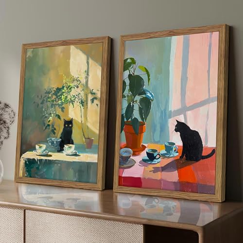 Framed Black Cat Wall Art Set of 2, Vintage Funny Cat Coffee Canvas Wall Decor Paintings, Moody Cute Animal Artwork Prints Picture for Kitchen Dining Room Living Room 16x24 Inch - color: Cat and Coffee, size: 24L" x 16W"