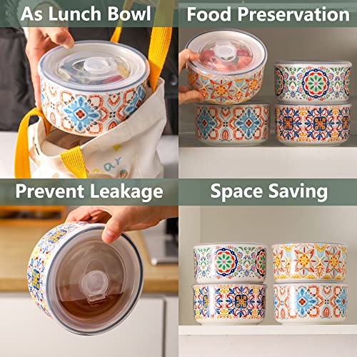 Ceramic Bowl with Lid, Microwave Safe, Set of 4 - color: Color B - Set of 4