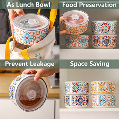 Ceramic Bowl with Lid, Microwave Safe, Set of 4 - color: Color B - Set of 4