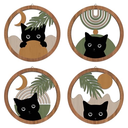 HPNIUB Abstract Mid Century Boho Black Cat Wall Decor-4 Pieces 10''x10'' Farmhouse Geometric Hanging Wooden Wall Art,Bohemian Moon and Sun Wood Sign for Nursery Bedroom Decoration, Lovely Cat Gifts - color: Cat style B