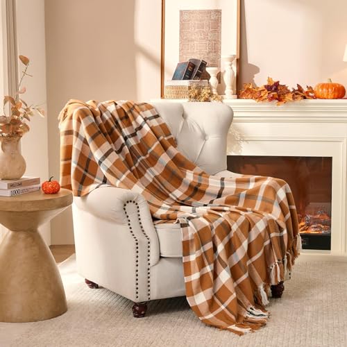 Lanpn Fall Plaid Throw Blanket, Cozy Soft Checked Blankets for Couch Sofa Bed, Decorative Acrylic Fall Throws with Fringe, Picnic Cashmere Like Shawl, Autumn Thanksgiving Home Decor Gift, 50x60, Khaki - color: Plaid Khaki