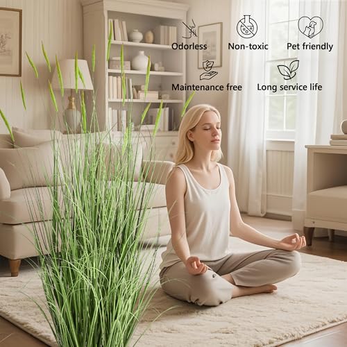 Faux 4ft 2-Pack Horsetail Reed Grass with Green Spikes in Black Pot - color: Green