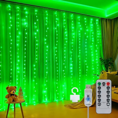 300LED Fairy Curtain Lights 9.8ft x 9.8ft LED Dimmable Twinkle Lights - color: Green