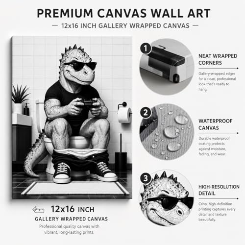 Canvas Wall Art Funny Dinosaur Framed Style Powder Room Accent 12x16 Inch - color: Funny Dinosaur, size: 16"L x 12"W