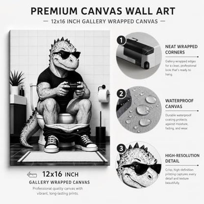 Canvas Wall Art Funny Dinosaur Framed Style Powder Room Accent 12x16 Inch - color: Funny Dinosaur, size: 16"L x 12"W