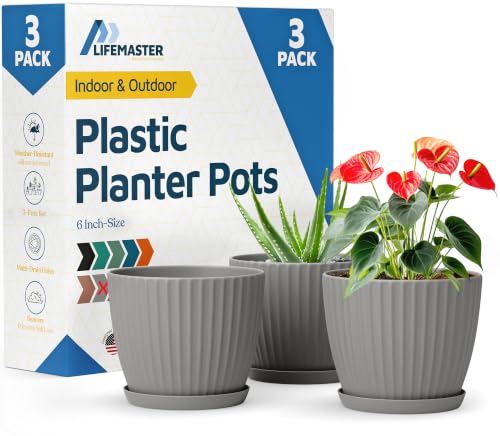 Gray 6-Inch Plant Pots with Drainage & Saucers 3 Pack, Indoor & Outdoor Planters for Houseplants, Herbs, and Flowers, Durable & Weatherproof Material, Stackable, Lightweight, Minimalist Design - color: Gray, size: Pack of 3