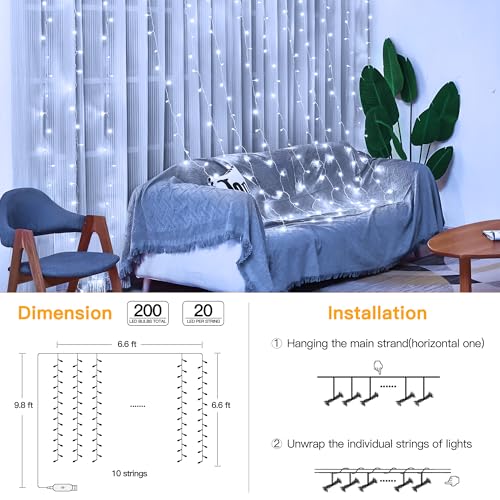 Ollny Curtain Lights 6.6x6.6ft, 200 LED White Christmas Lights with Remote - color: Cool White, size: 200 LED