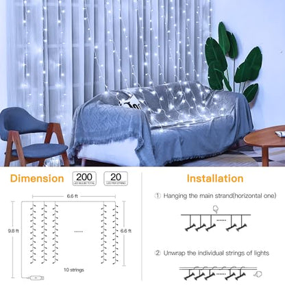 Ollny Curtain Lights 6.6x6.6ft, 200 LED White Christmas Lights with Remote - color: Cool White, size: 200 LED