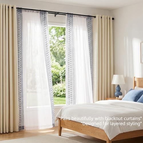 jinchan Floral Linen Sheer Boho Curtains 63 Inch Rod Pocket 2 Panels Blue - color: Boho Blue on White, size: 55"W x 63"L (Pack of 2)