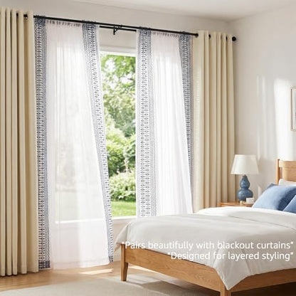 jinchan Floral Linen Sheer Boho Curtains 63 Inch Rod Pocket 2 Panels Blue - color: Boho Blue on White, size: 55"W x 63"L (Pack of 2)