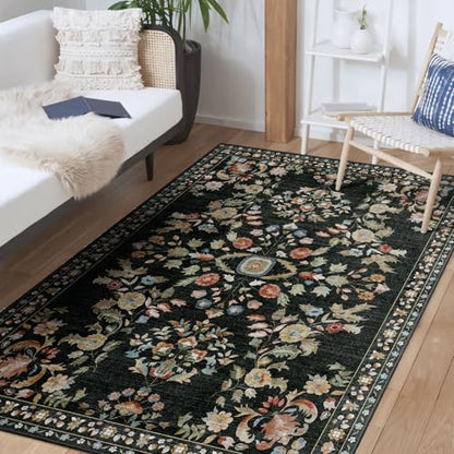 MUJOO 3x5 Rug Washable Floral Area Rugs Non Slip Ultra-Thin - color: Black, size: 3' x 5' (Rectangular)