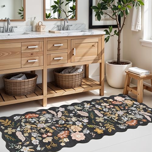 2x5 Rug Runner Non-Slip Washable: Scalloped Floral Small Entryway Rug Black - color: Black, size: 2' x 5' (Runner)