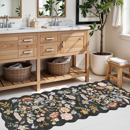 2x5 Rug Runner Non-Slip Washable: Scalloped Floral Small Entryway Rug Black - color: Black, size: 2' x 5' (Runner)