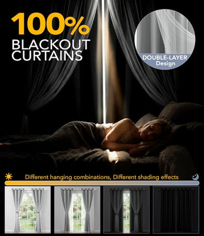100% Blackout Curtains with Sheer Overlay, Grey, 52 x 96 inch, 2 Panels - color: Grey, size: 52"W x 96"L (Pack of 2)