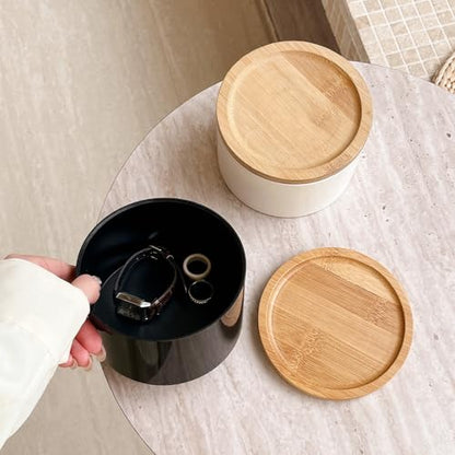 Wlz Small Jewelry Organizer Box Round Modern Jewelry Storage Box for Women Earrings Rings Holder Girls Necklaces Bracelets Container Boxes with Wood Lid (Black) - color: Black