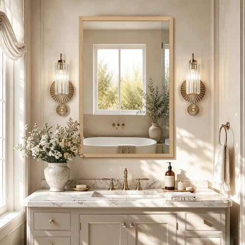 Wood Wall Mirror for Over Sink, 36"x24" Solid Bathroom Mirror