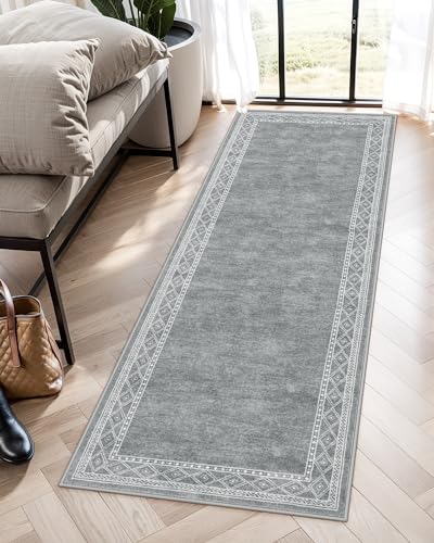 Lahome Modern Bordered Kitchen Runner Rugs Non Skid Washable, 2x6 Runners for Hallways Non Slip Ultra-Thin Hallway Rug, No Shedding Soft Carpet for Entryway Laundry Room Bedroom (2x6ft,Grey) - color: Light Grey, size: 2' x 6'