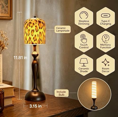 Cheetah Lamp Cordless Table Lamp, Cheetah Print Ceramic Shade