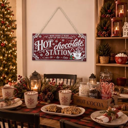 Marsui Christmas Wood Hanging Sign with Jute Rope, Hot Chocolate Station - style: Hot Chocolate Station