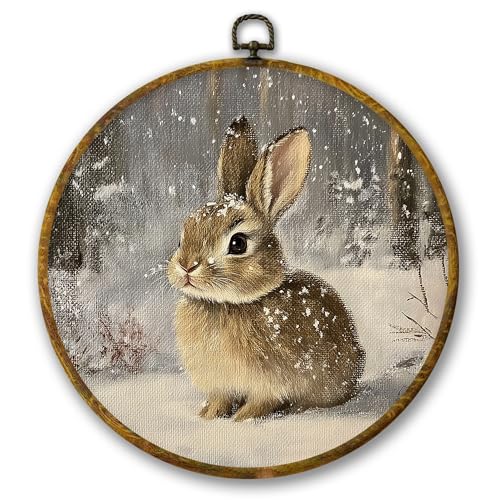 Mcehtle Vintage Winter Snow Bunny Wall Art Decor, Winter Rabbit Woodland Animal Framed Canvas Prints 10x10, Cottage Forest Rabbit Round Wall Hanging Artwork Decorations for Home Bedroom Living Room - color: Colour 19