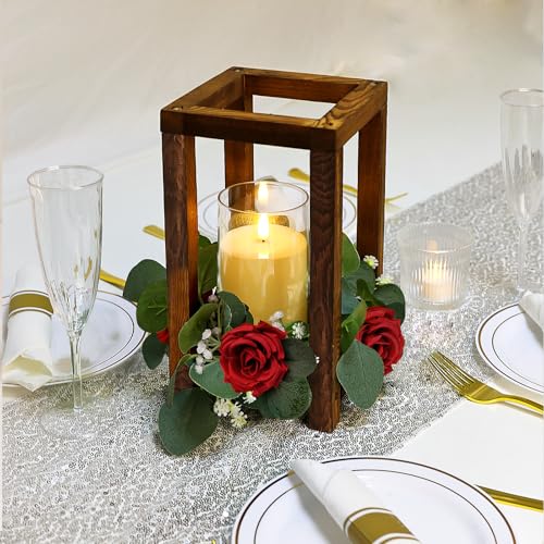 18 Pcs Wedding Wooden Lantern Centerpiece - color: Red, size: 6 Sets