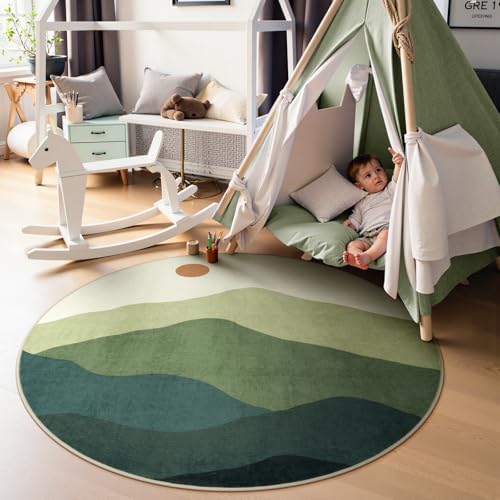 4ft Abstract Green Round Rug, Boho Mountain Circle Classroom Rugs - color: Green, size: 4' (Round)