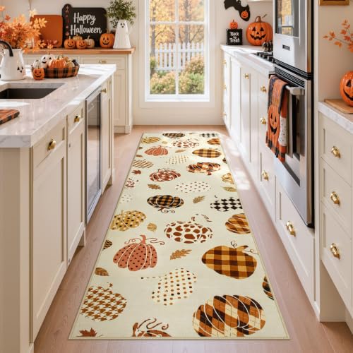 Tribesigns 2x6 Beige Halloween Fall Pumpkin Hallway Runner Rug for Kitchen - color: Beige2 - Pumpkin, size: 2' x 6' (Rectangular)