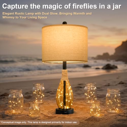 OYEARS 23" Table Lamps for Living Room Set of 2 Bedside Lamps for Night Stands Bedroom Lamps Farmhouse Rattan Boho Lamp Glass Nightlight End Table Lamp,Two Light Points - color: Tea Brown