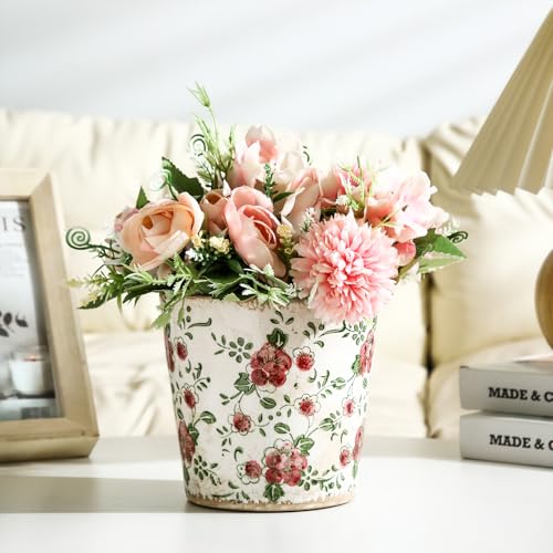 Beeveer Farmhouse Ceramic Planter 5.5 Inch Large Plants Pot Crack Beige Red Rose Flowers Plant Pots with Drainage Hole Indoor Plants Kitchen Rustic Antique Decor Gift - color: Pink & Beige, size: 5.5 Inch