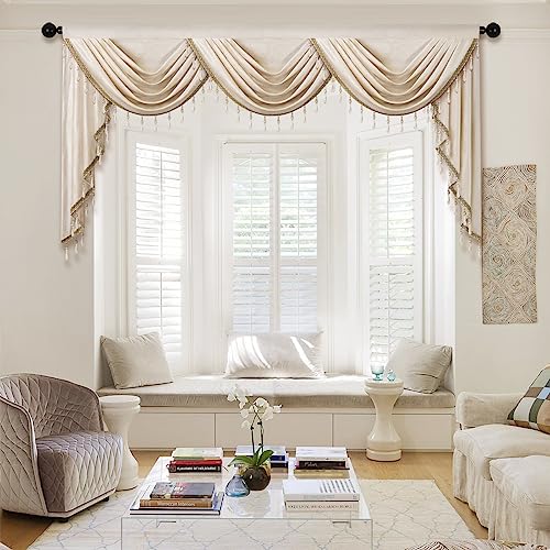 ELKCA Luxury Cream Velvet Curtain Valances for Living Room with Beads(79inch,1 Panel) - color: Cream, size: 79"W x 43"L (Pack of 1)