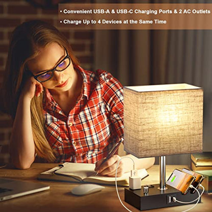 Beige Table Lamp for Bedroom - Stepless Dimmable, USB C+A, 2 AC Outlets - color: Beige with Knob Switch, size: 1 Pack